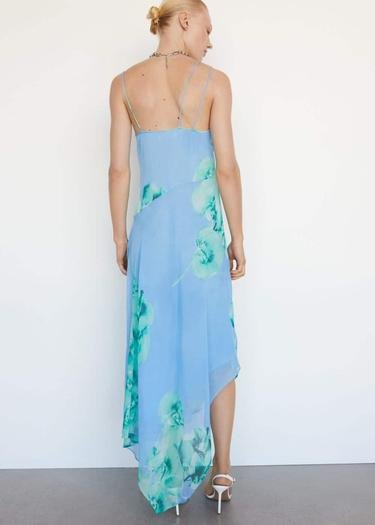  Mango Kadın Çiçekli Asimetrik Elbise Gök Mavisi