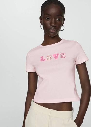  Mango Kadın Kayık Desenli Pamuklu Tişört Pembe