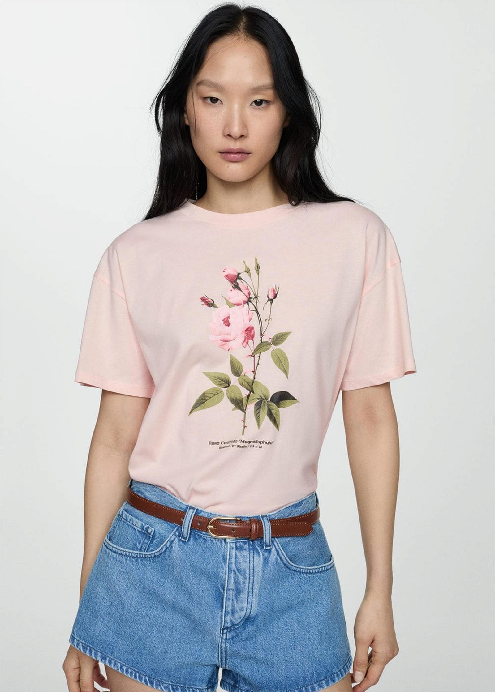 Mango Kadın Kayık Desenli Pamuklu Tişört Uçuk Pembe