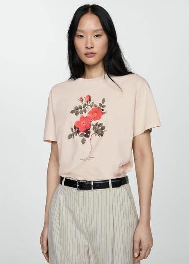  Mango Kadın Kayık Desenli Pamuklu Tişört Bej