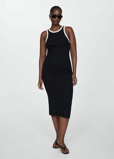  Mango Kadın Kontrast Şeritli Triko Elbise Siyah