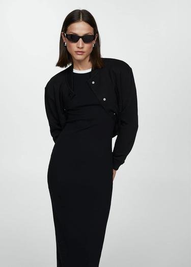  Mango Kadın Kontrast Şeritli Triko Elbise Siyah