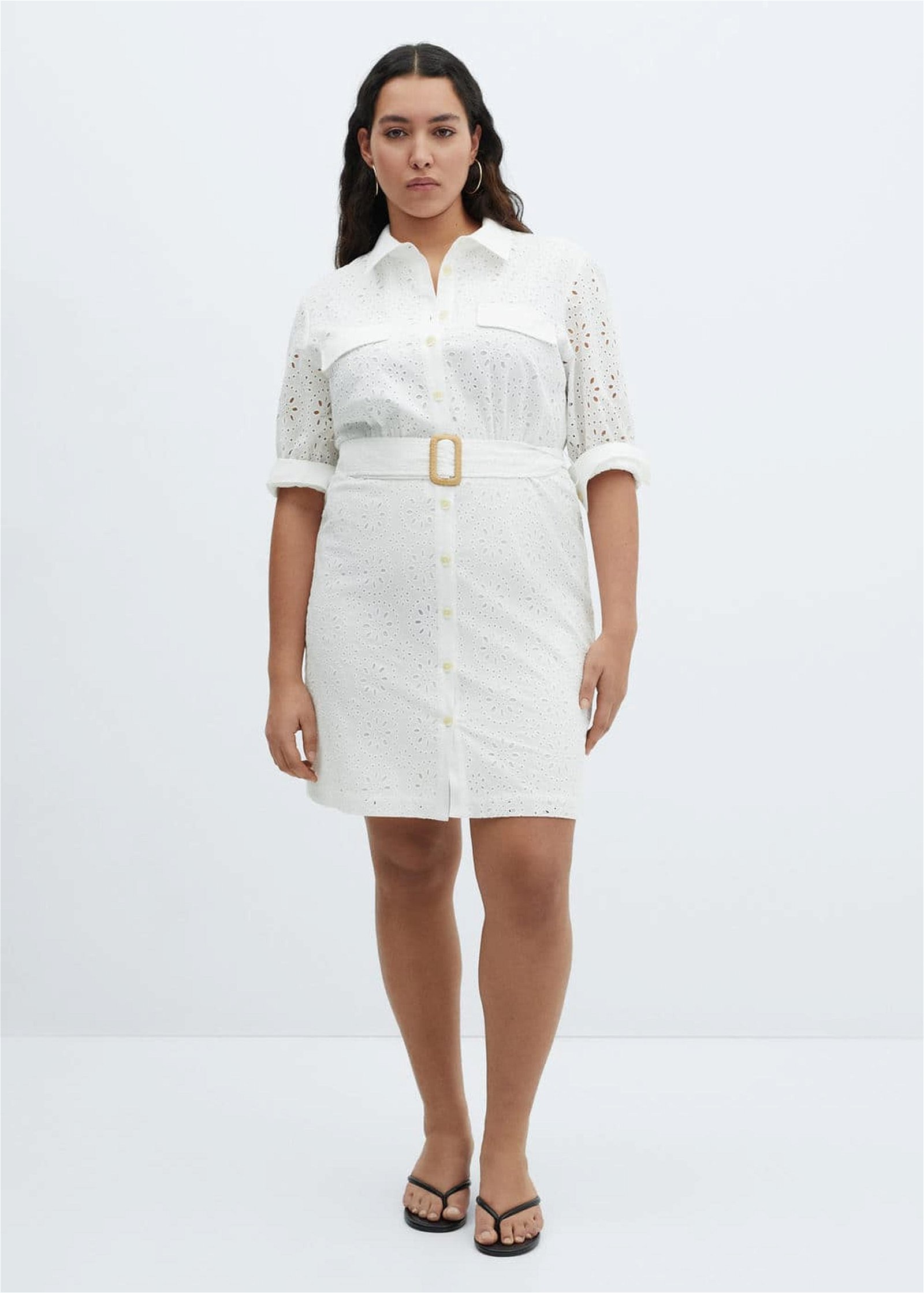 Mango Kadın İsviçre Nakışlı Gömlek Elbise Beyaz