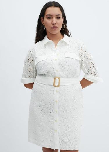  Mango Kadın İsviçre Nakışlı Gömlek Elbise Beyaz