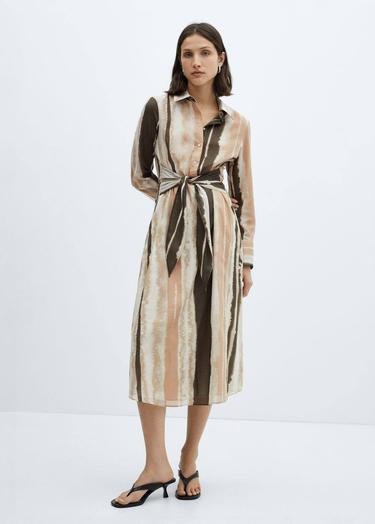  Mango Kadın %100 Pamuklu Batik Elbise Ekru