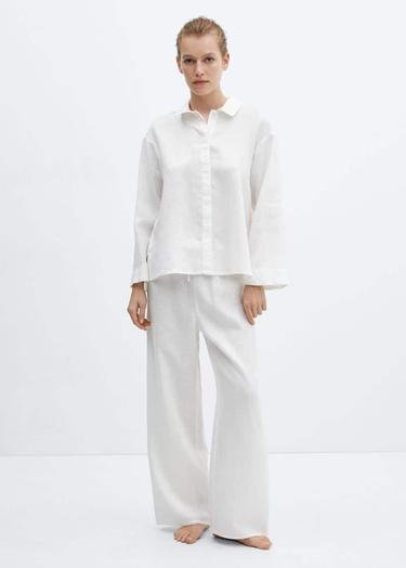  Mango Kadın %100 Keten Pijama Gömlek Beyaz
