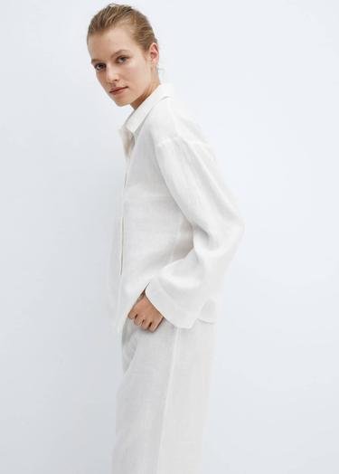  Mango Kadın %100 Keten Pijama Gömlek Beyaz