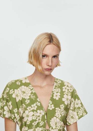  Mango Kadın Desenli Cut-out Detaylı Elbise Yeşil