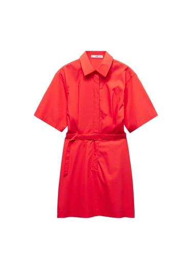  Mango Kadın Kemerli Gömlek Elbise Mercan Kırmızısı