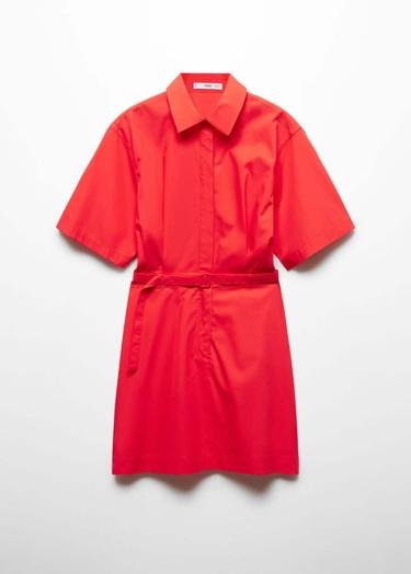  Mango Kadın Kemerli Gömlek Elbise Mercan Kırmızısı