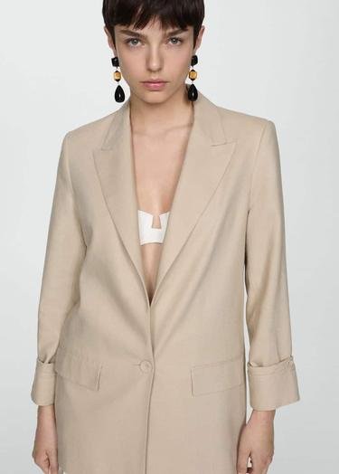  Mango Kadın Manşetleri Düğmeli Keten Blazer Ceket Açık/Pastel Gri