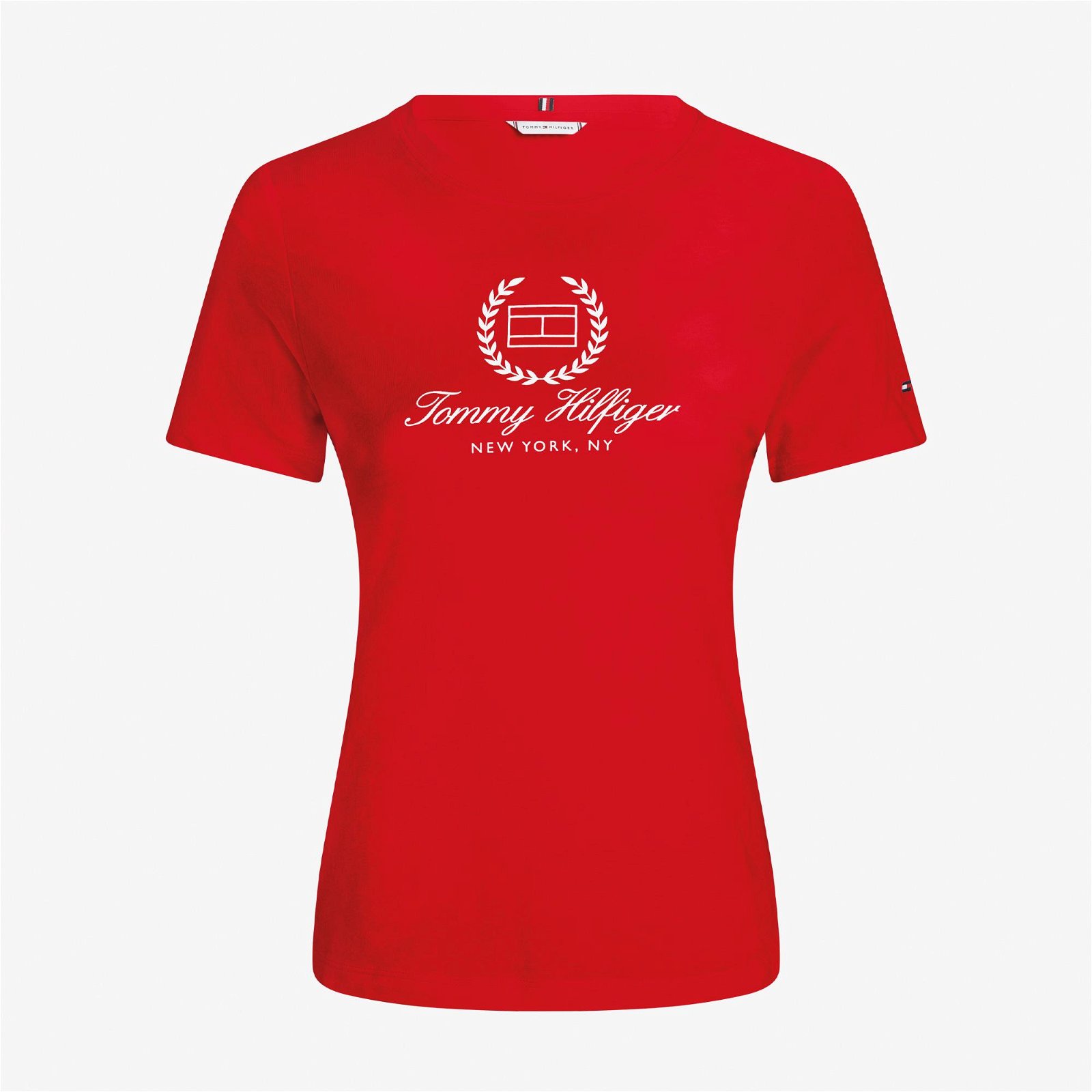 Tommy Hilfiger Slim Flagript Kadın Kırmızı T-Shirt