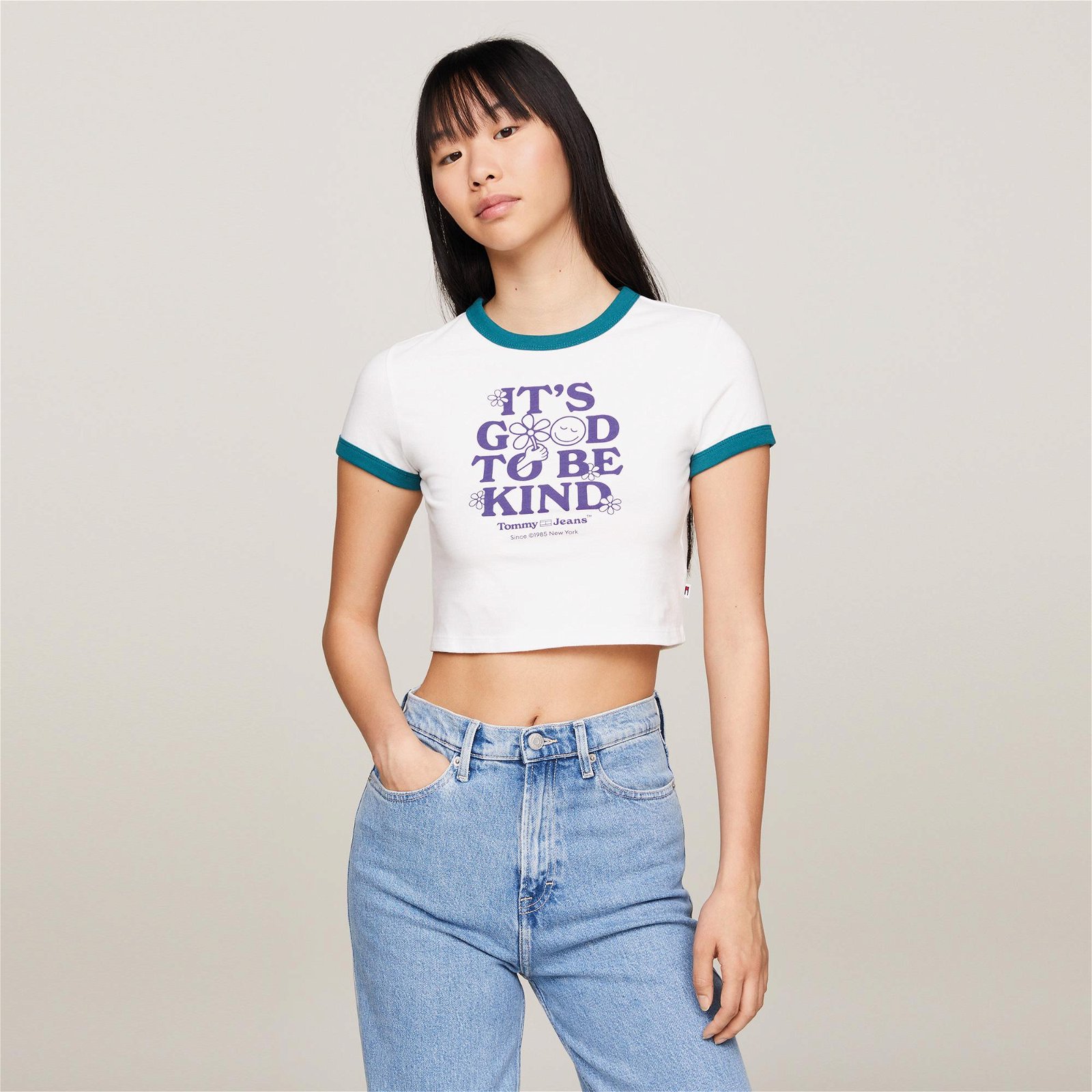 Tommy Jeans Slim Novelty Ringer Kadın Beyaz T-Shirt