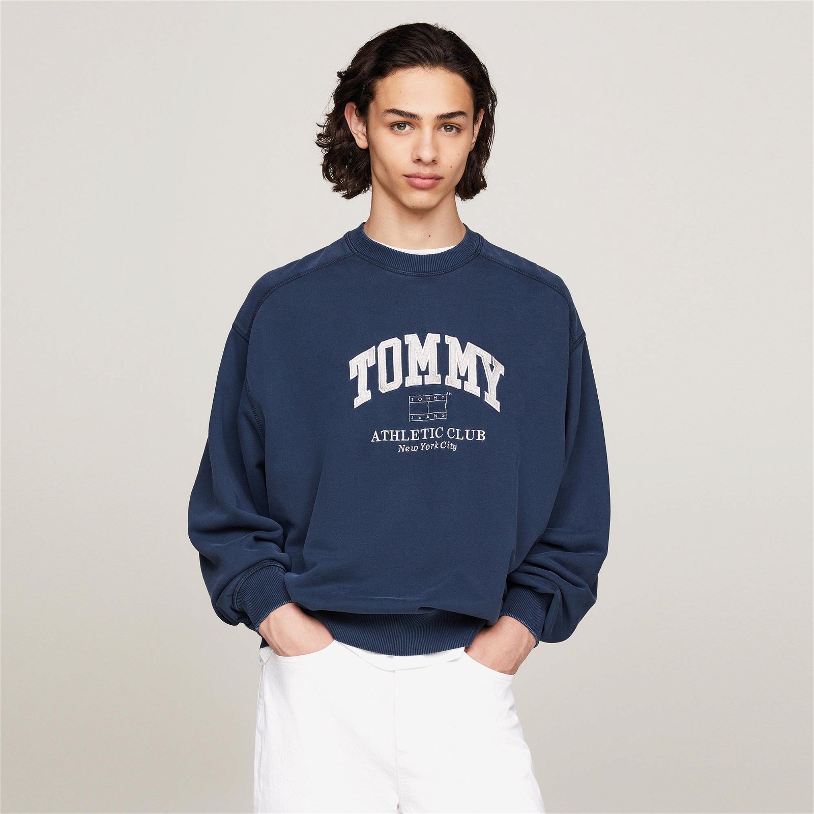 Tommy Jeans Boxy Crew Erkek Mavi Sweatshirt