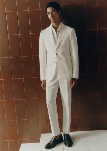  Mango Erkek Dar Kesim Pamuklu Keten Kumaş Pantolon Beyaz