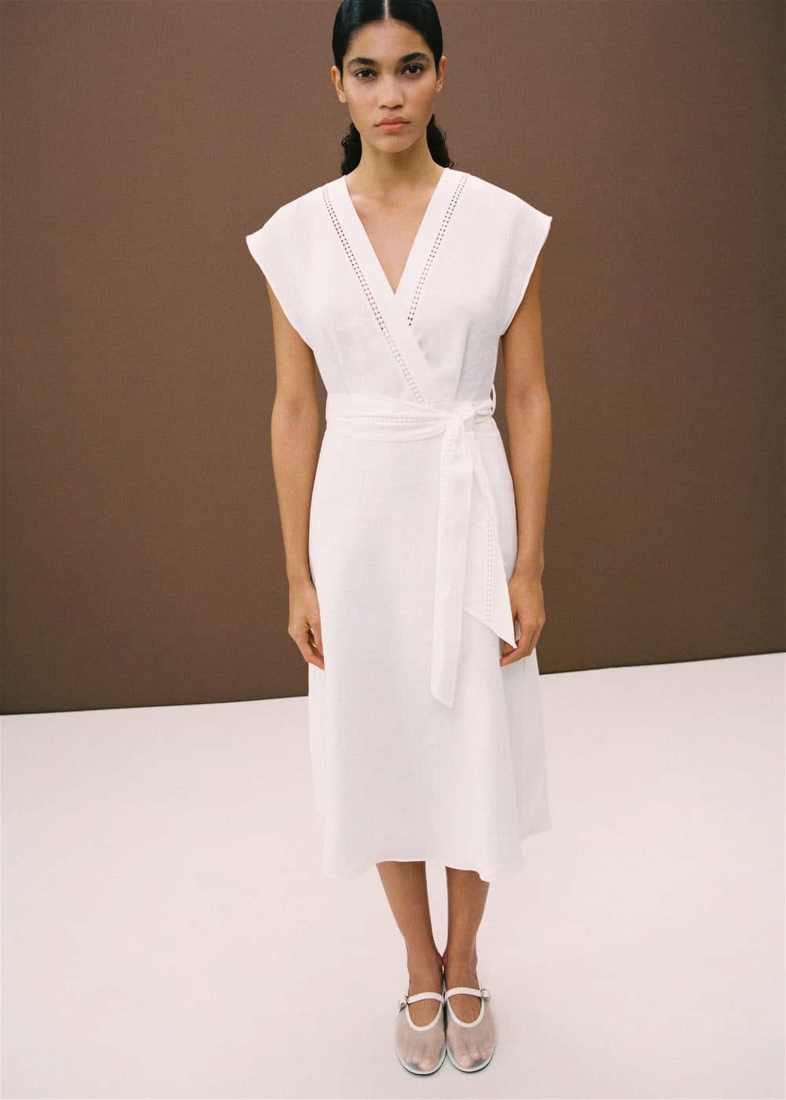 Mango Kadın %100 Keten Bağ Detaylı Elbise Beyaz