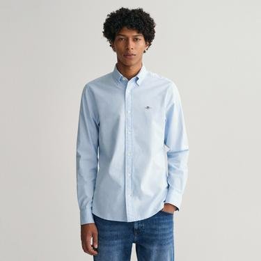  GANT Erkek Mavi Slim Fit Düğmeli Yaka Logolu Gömlek