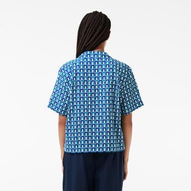  Lacoste Kadın Relaxed Fit Kısa Kollu Monogram Mavi Gömlek