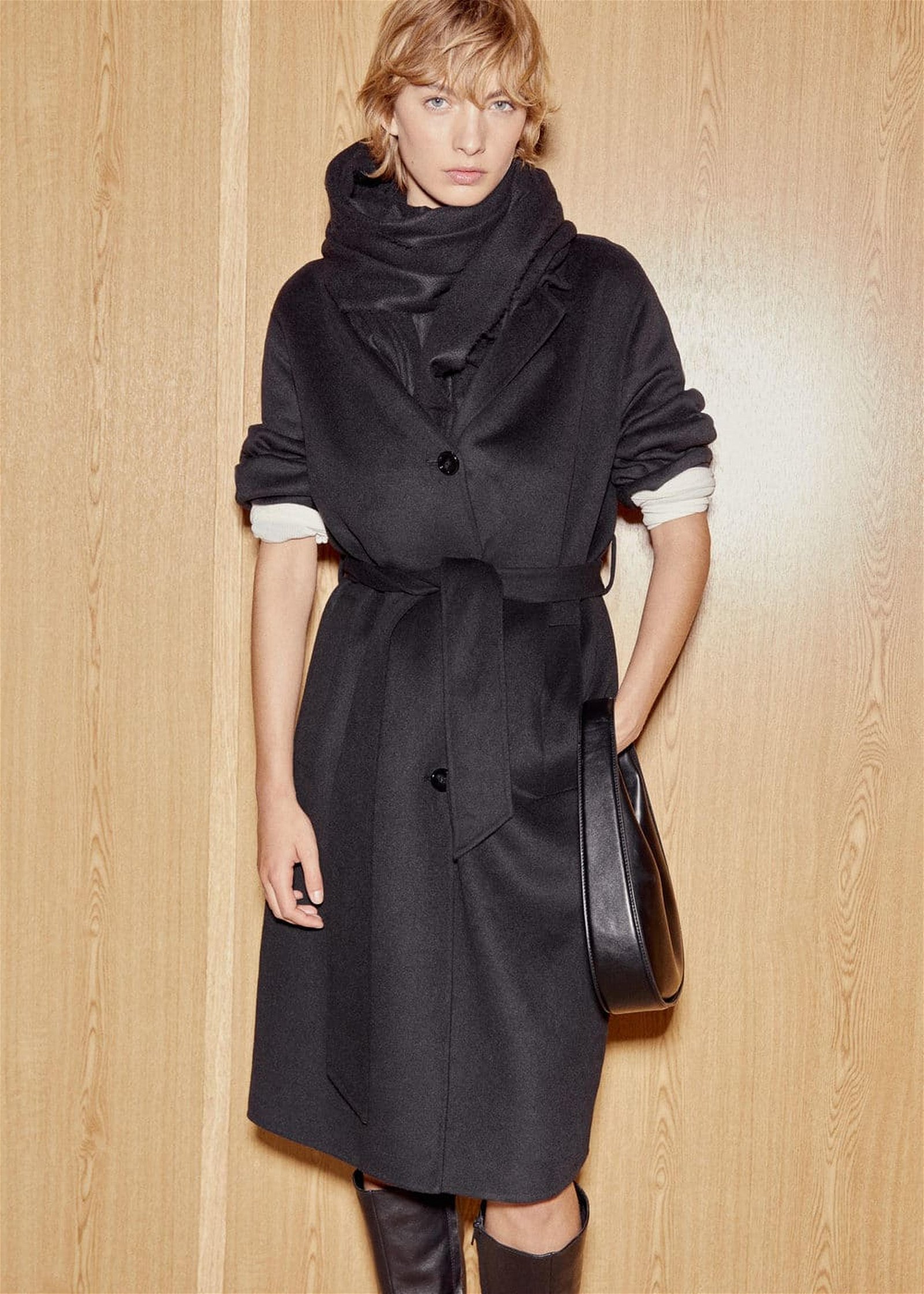 Mango Kadın El Yapımı Kemerli Yün Palto Siyah