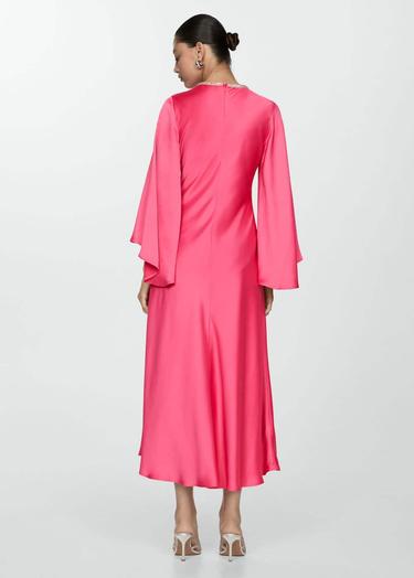  Mango Kadın Kolları Kloş Saten Elbise Pembe