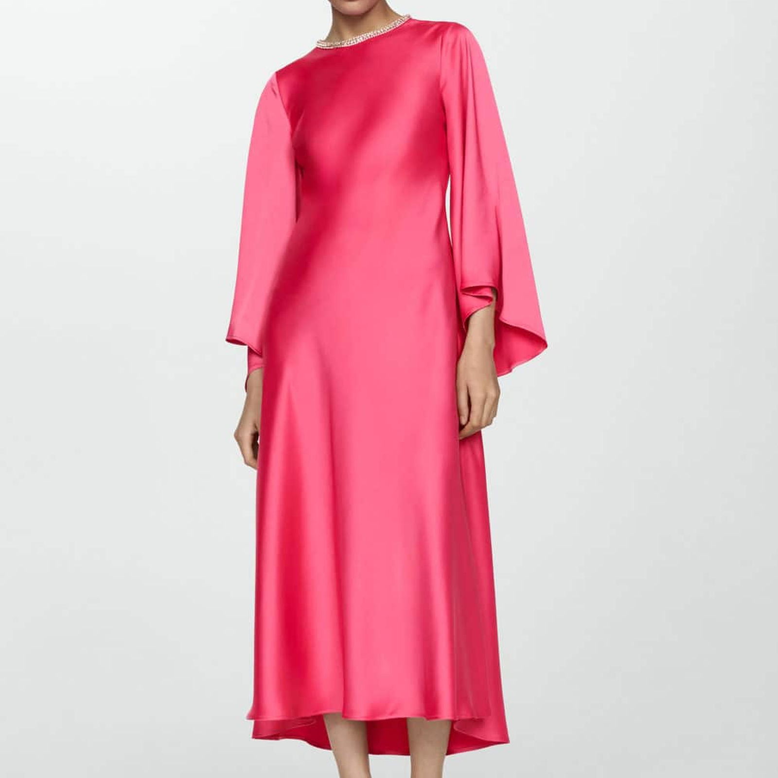 Mango Kadın Kolları Kloş Saten Elbise Pembe