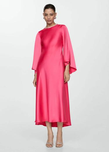  Mango Kadın Kolları Kloş Saten Elbise Pembe