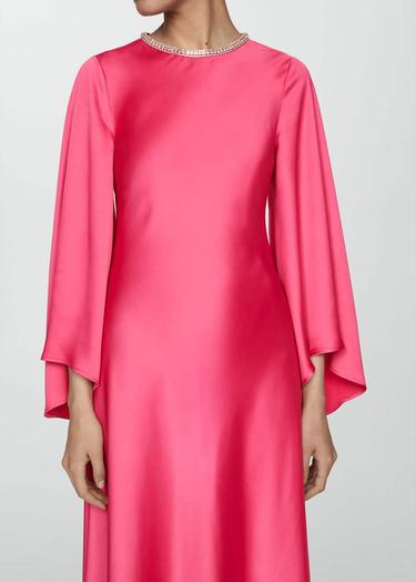  Mango Kadın Kolları Kloş Saten Elbise Pembe