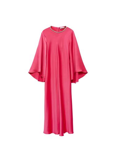  Mango Kadın Kolları Kloş Saten Elbise Pembe