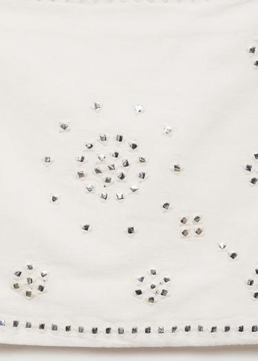  Mango Kadın Bağ Detaylı Strass Taşlı Mini Etek Beyaz