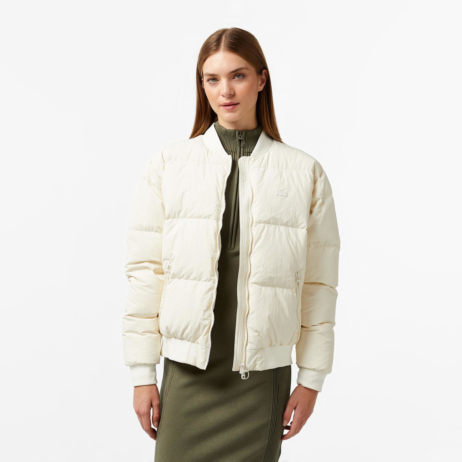 Lacoste Kadın Relaxed Fit Dik Yaka Krem Mont