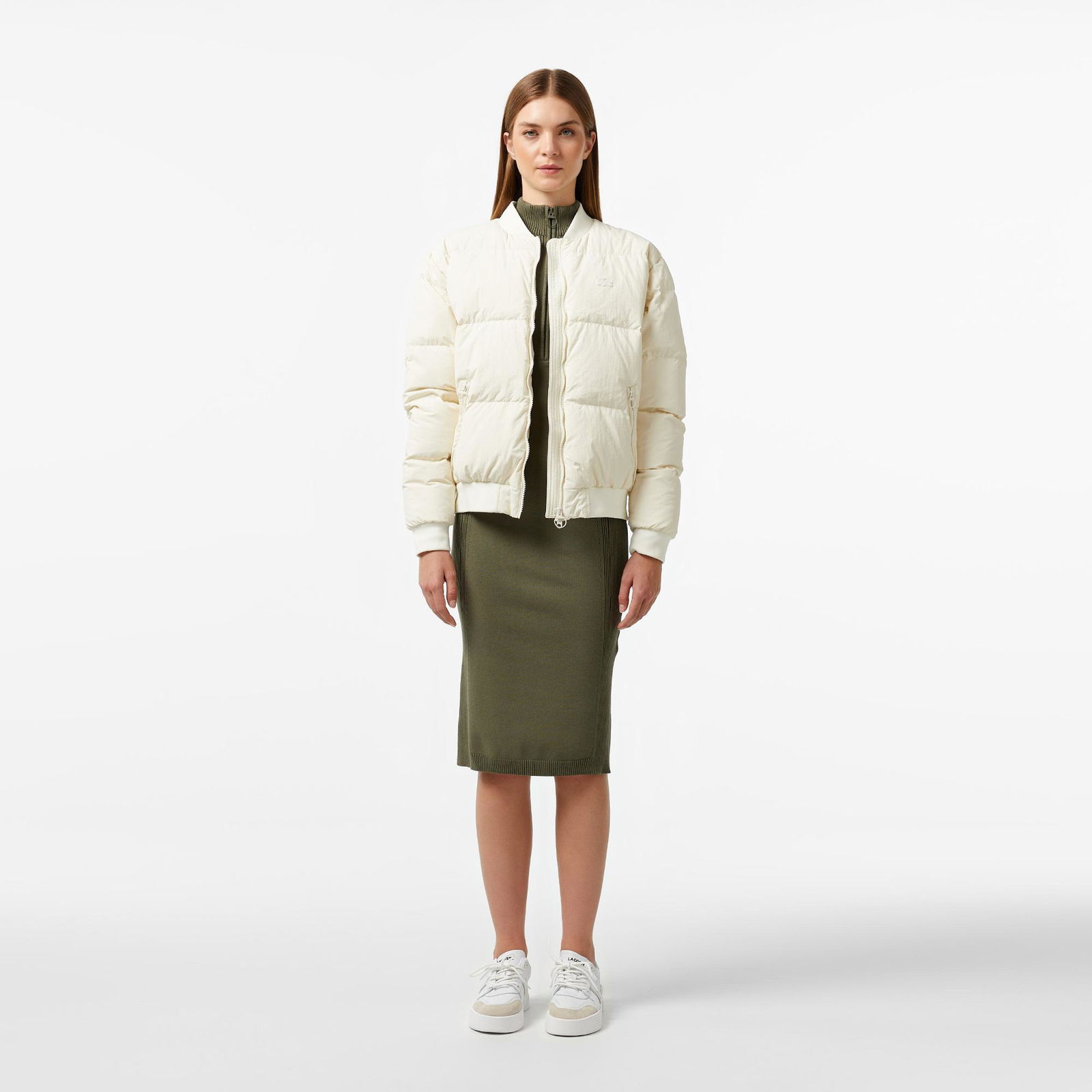 Lacoste Kadın Relaxed Fit Dik Yaka Krem Mont