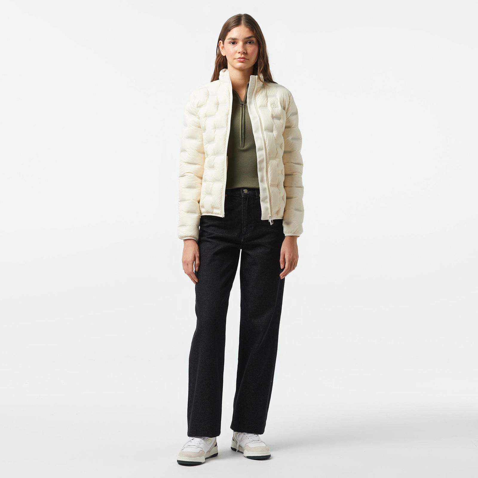 Lacoste Kadın Regular Fit Kapüşonlu Kapitone Beyaz Mont