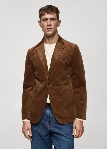  Mango Erkek Dar Kesimli Fitilli Kadife Blazer Ceket Kahverengi