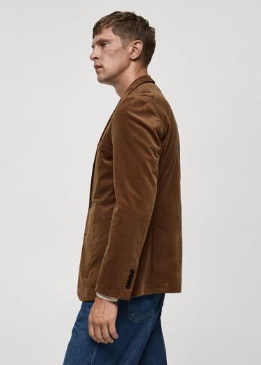  Mango Erkek Dar Kesimli Fitilli Kadife Blazer Ceket Kahverengi