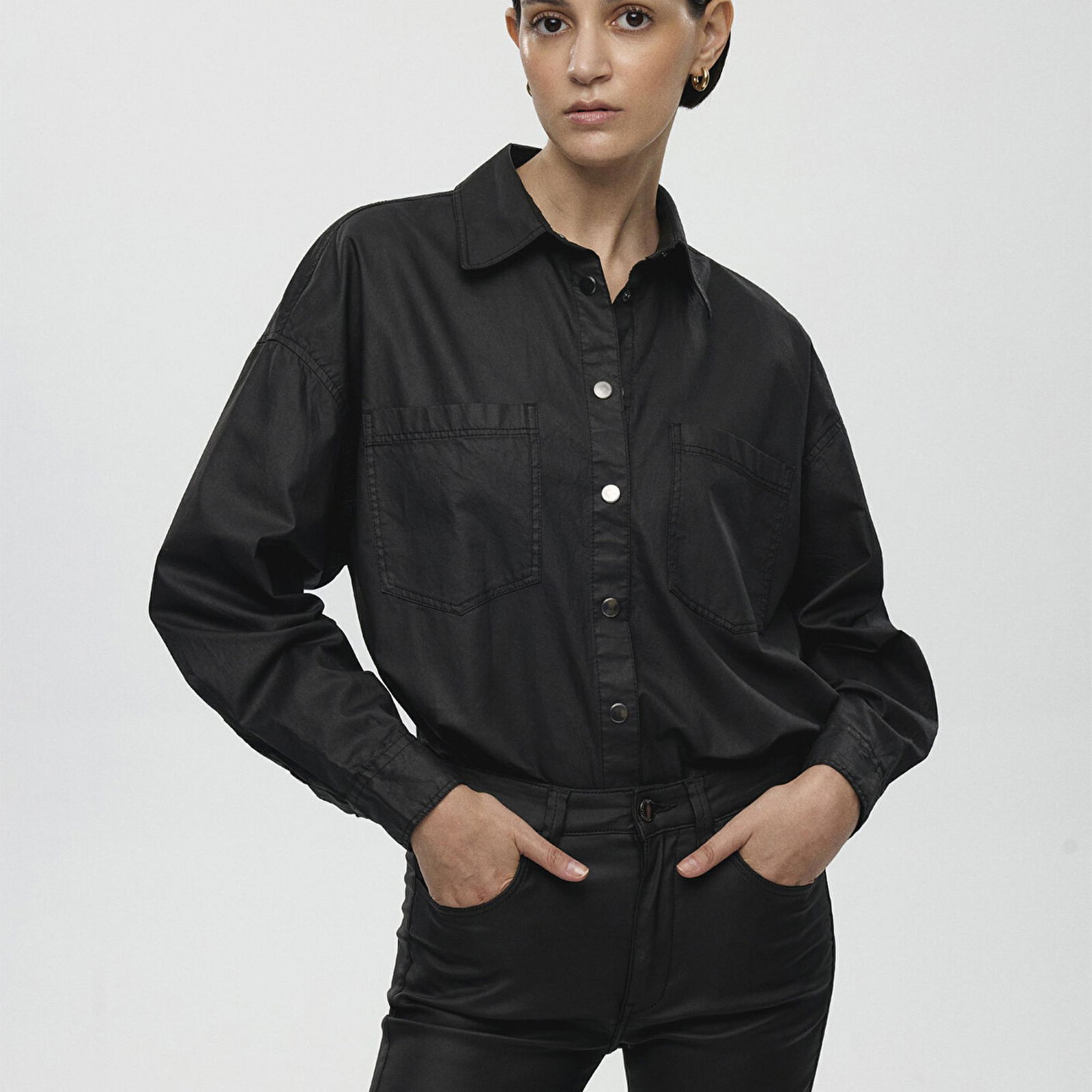 Mavi Suni Deri Oversize Siyah Gömlek Oversize / Geniş Kesim 1211049-900