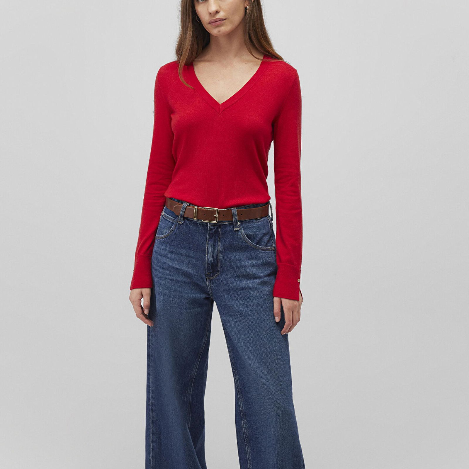 Mavi V Yaka Kırmızı Kazak Slim Fit / Dar Kesim 1710509-80791