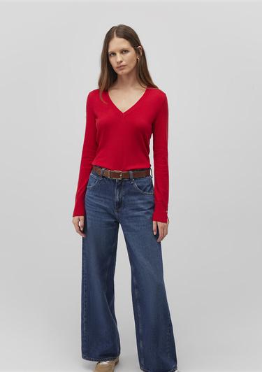  Mavi V Yaka Kırmızı Kazak Slim Fit / Dar Kesim 1710509-80791
