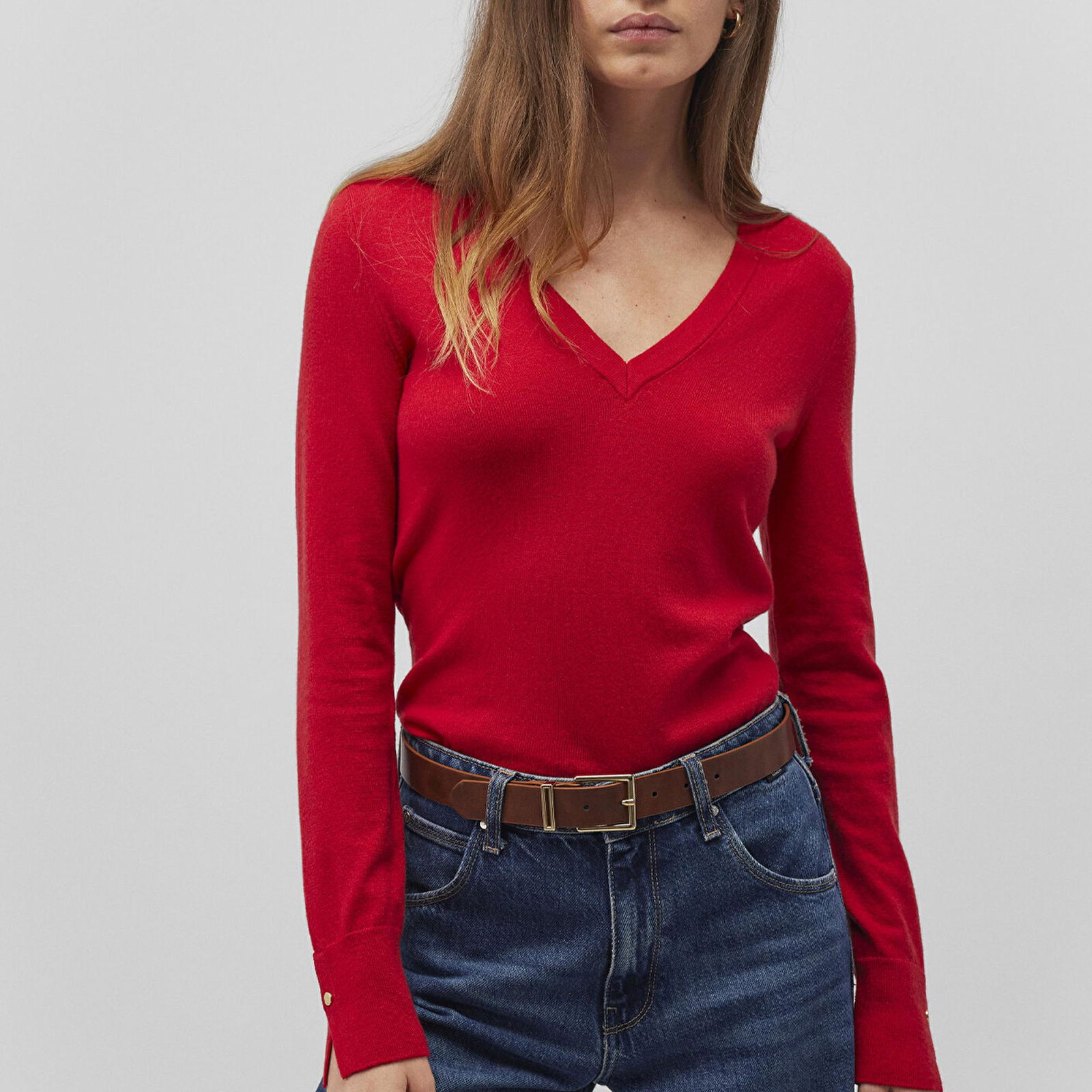 Mavi V Yaka Kırmızı Kazak Slim Fit / Dar Kesim 1710509-80791