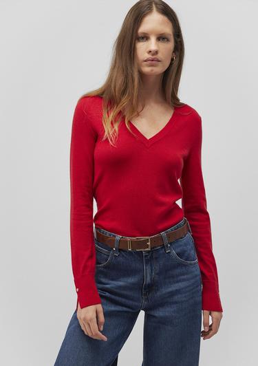  Mavi V Yaka Kırmızı Kazak Slim Fit / Dar Kesim 1710509-80791