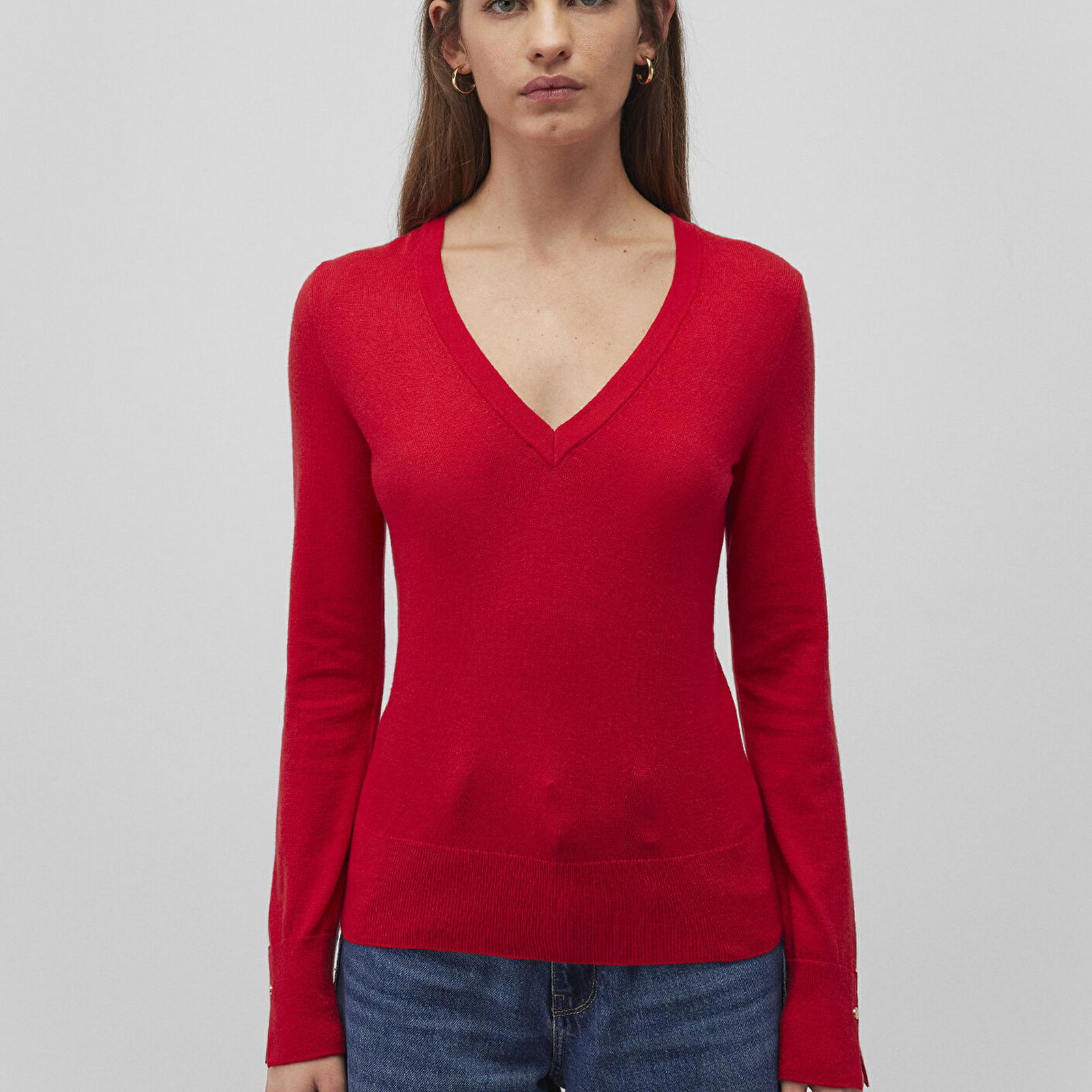 Mavi V Yaka Kırmızı Kazak Slim Fit / Dar Kesim 1710509-80791