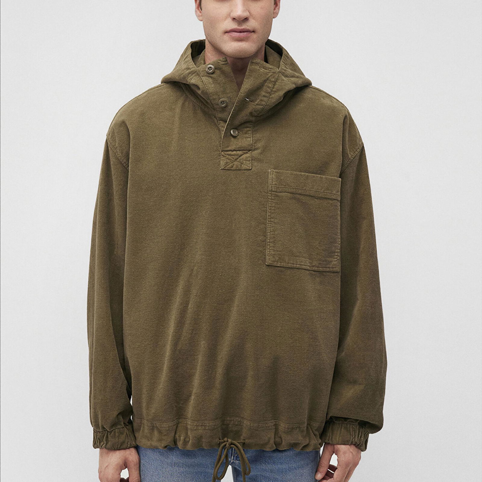 Mavi Kapüşonlu Haki Sweatshirt Oversize / Geniş Kesim 0211215-88487