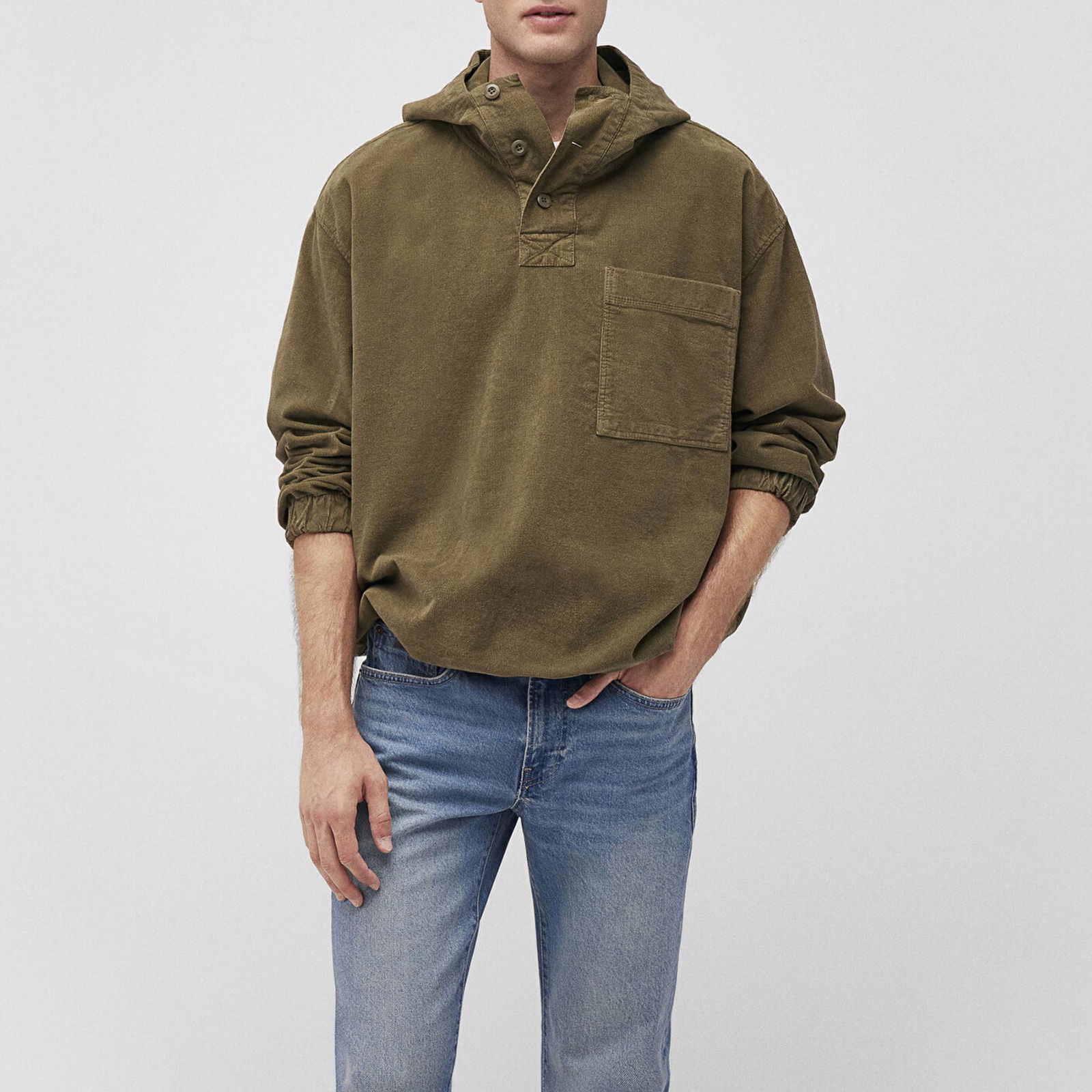 Mavi Kapüşonlu Haki Sweatshirt Oversize / Geniş Kesim 0211215-88487