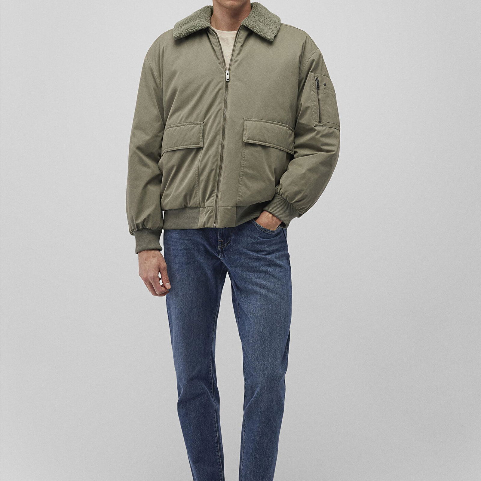 Mavi Dik Yaka Yeşil Bomber Ceket Oversize / Geniş Kesim 0110465-85485