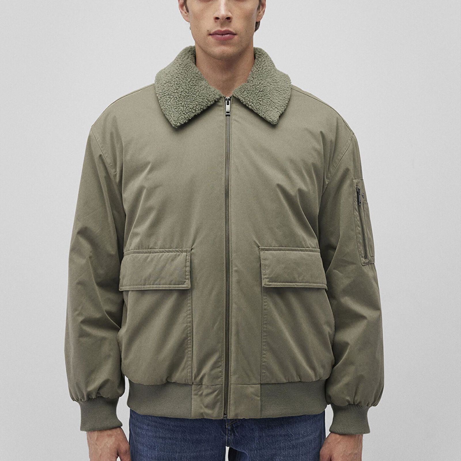 Mavi Dik Yaka Yeşil Bomber Ceket Oversize / Geniş Kesim 0110465-85485