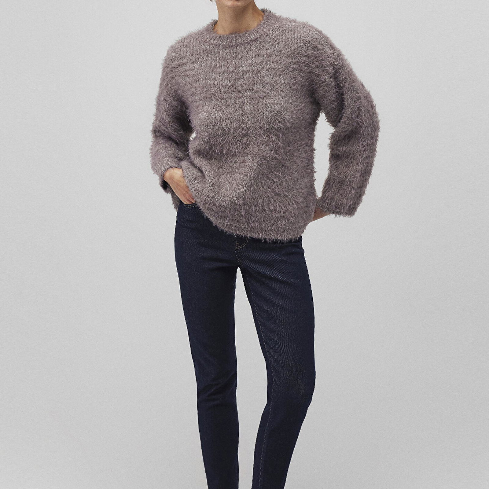 Mavi Yün Karışımlı Bisiklet Yaka Mor Kazak Loose Fit / Bol Rahat Kesim 1710564-88549