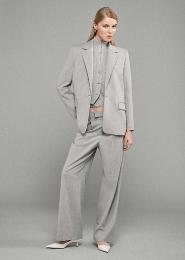  Mango Kadın İnce Çizgili Kumaş Blazer Ceket Orta Kırçıllı Gri