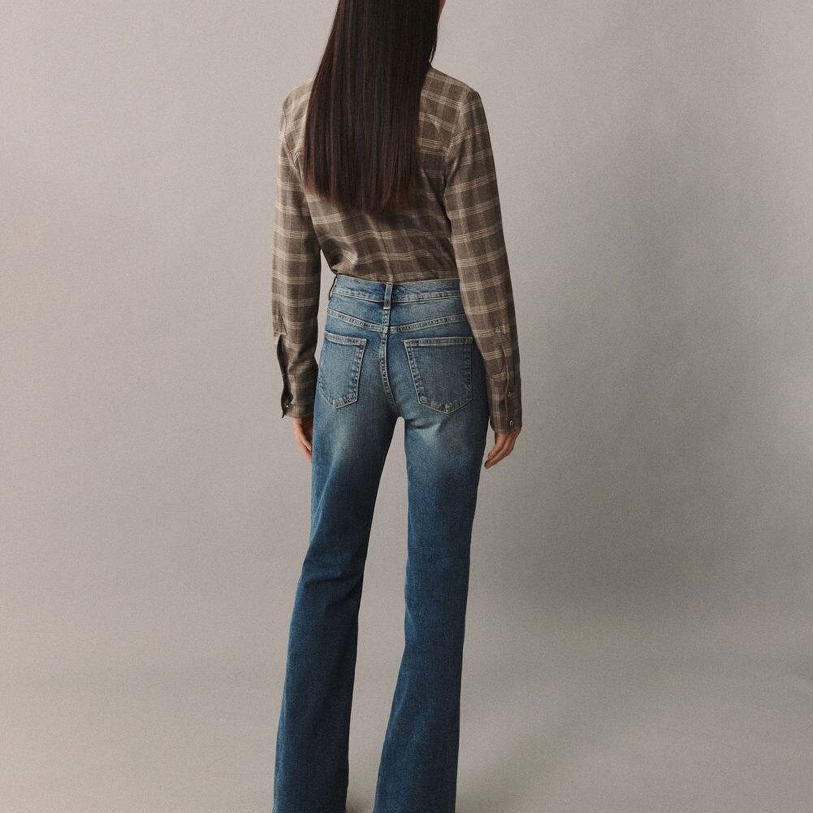 Mango Kadın İspanyol Paça Yüksek Bel Jean Pantolon Koyu Vintage Mavi