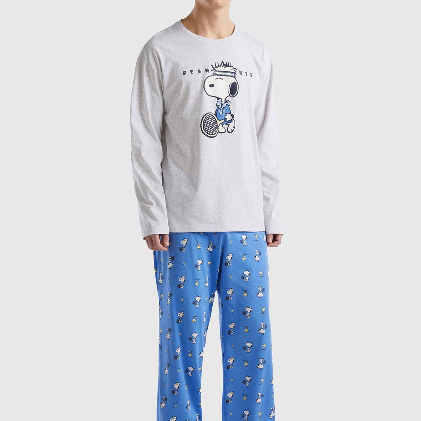 Erkek Gri Melanj %100 Pamuk Peanuts Baskılı Yırtmaçlı Uzun Kollu T-Shirt