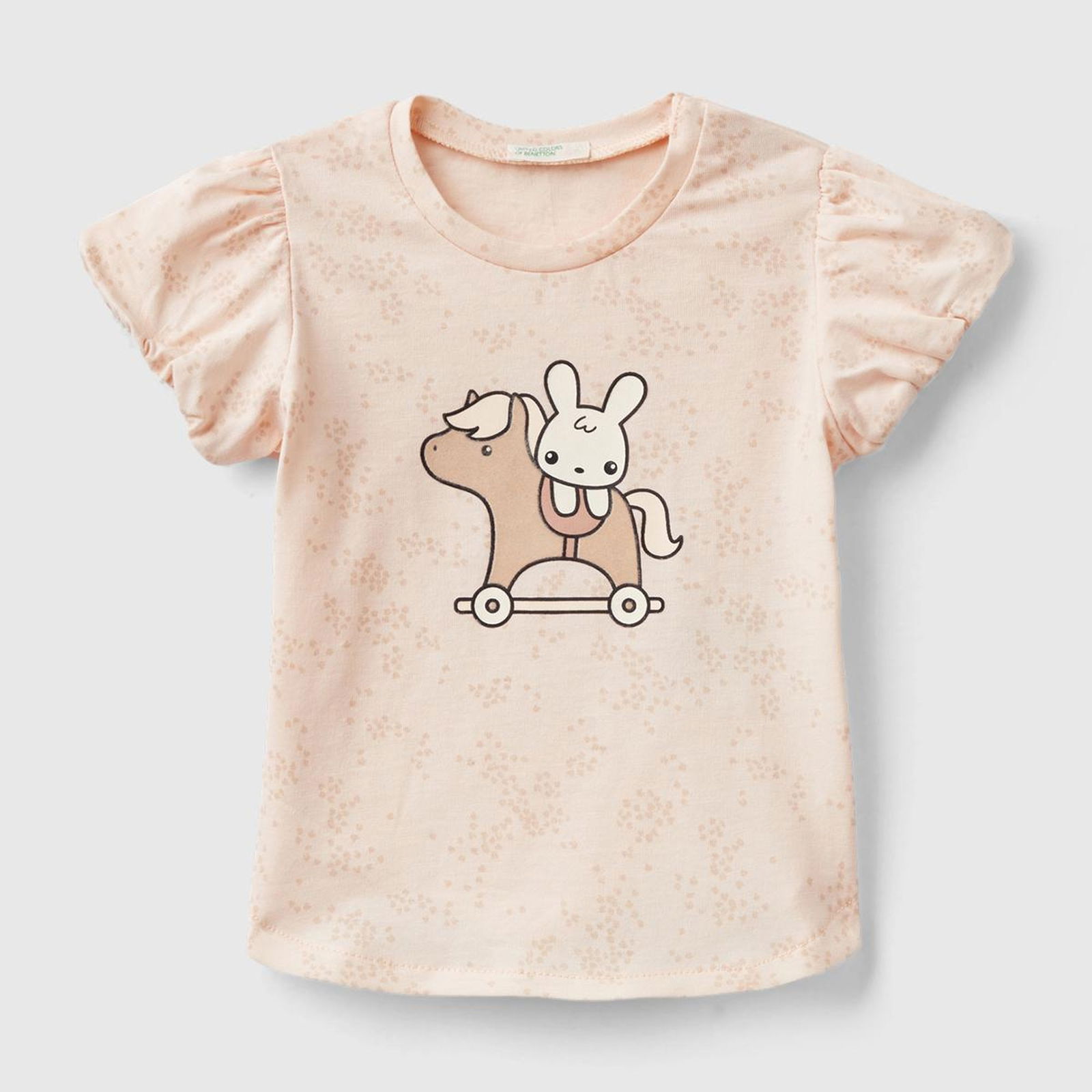 Bebek Toz Pembe Tamamı Desenli Önü Karakter Baskılı Düğmeli Fırfırlı T-Shirt