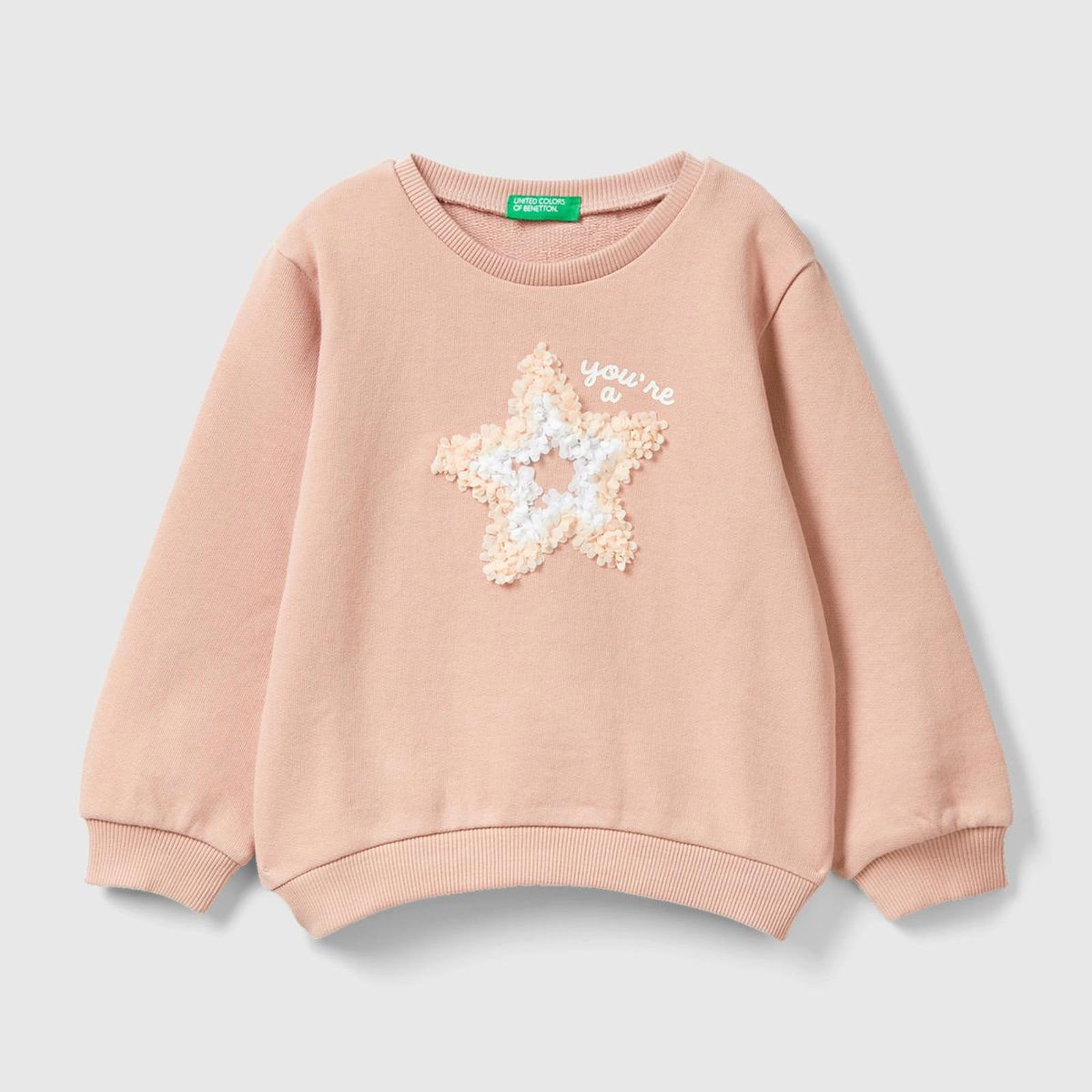 Kız Çocuk Bej Önü Grafik Baskılı ve İşlemeli Bisiklet Yaka Sweatshirt